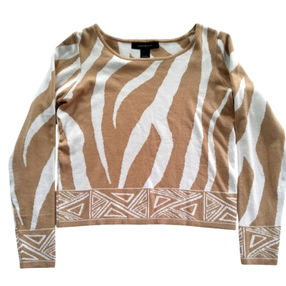 Ashley Stewart White and Tan Zebra Print Skirt and Long Sleeve Crop Top Set